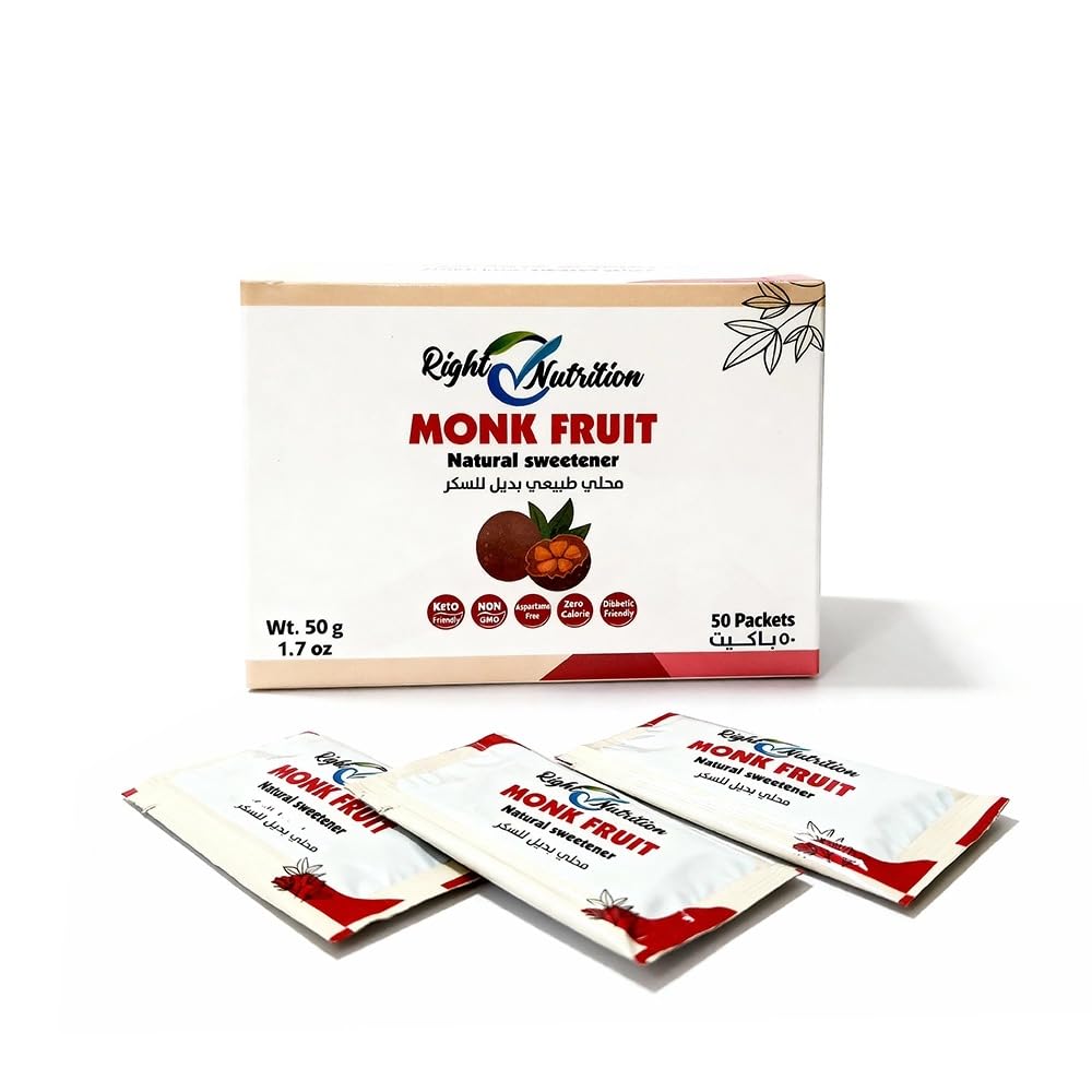 Right Nutrition Monk Fruit Natural Sweetener, 50 Packets, Zero Calorie, Keto Friendly, Diabetic Safe, Sugar Substitute