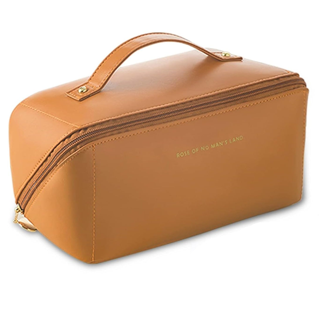Monument Travel Makeup Bag Large Capacity Cosmetic Bags for Women Waterproof PU Material with Handle and Divider Makeup Bag (Brown)