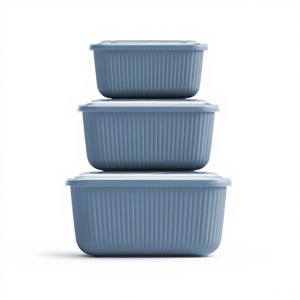 3 Pcs Rectangular Food Storage Container Set with Snap Lids – Line Series BPA-Free Airtight Bowls (600 ml, 1100 ml, 1800 ml) Microwave-Safe Bowl only without the lid (Blue)