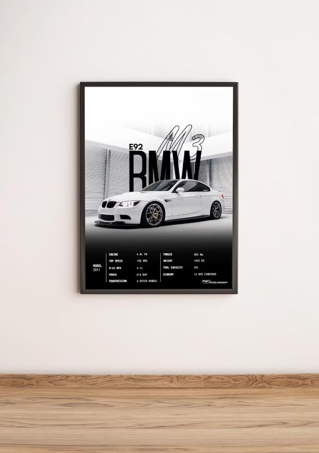 M3 E92 Poster Art Print, Fashion Car Lover Wall Decor, Sports Car Spec Sticker, Wall Art, Luxury Gift for Lovers (Black, 30 * 40cm)