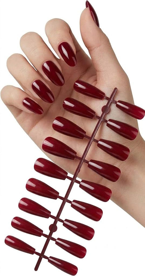 3D NAILS - 24pcs PRESS ON NAILS Medium - MIRROR False Nails, Perfect For Parties+ 1 SHEET DOUBLE FACE- DARK RED