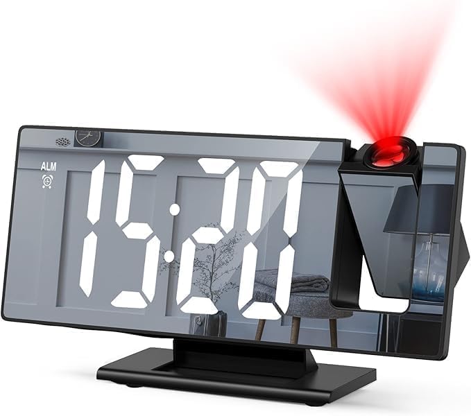 Clock Digital Alarm with Projector, LED Mirror Clock with Large Display, Temperature Date, 3 Level Brightness, 180 Degree Projection, Snooze, USB Powered for Bedroom Office (Black)