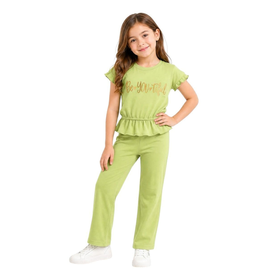 Girls Summer 2 Piece Set – Be YOUtiful Printed Ruffle T-Shirt + Comfy Pants – Soft High Quality Cotton – Suitable for Outdoor & Home