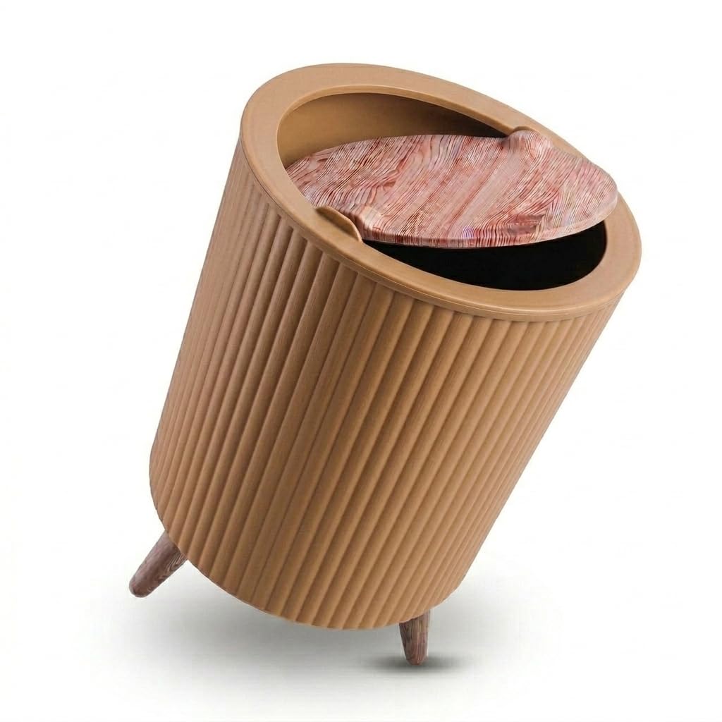 Generic Decorative Trash Can, Plastic Material, Sliding Lid Design With Wooden Print Legs Pattern For Home And Office Use (Brown)