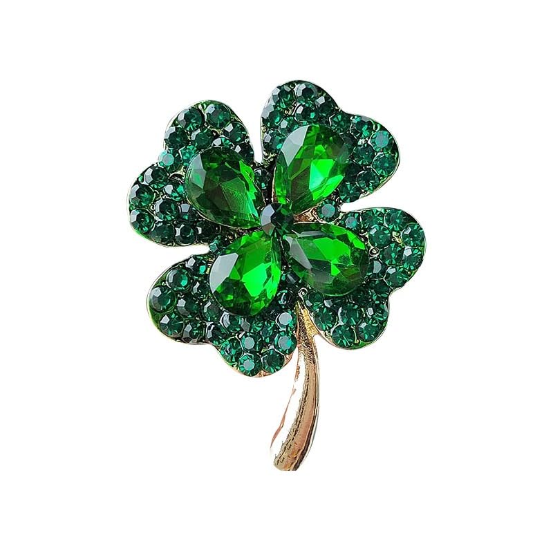 Elegant Four-Leaf Clover Brooch Pin. Green Crystal