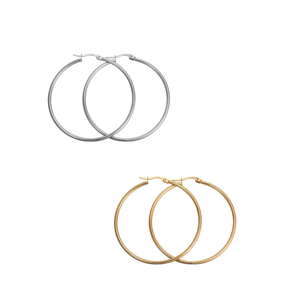 RZCXBS 2 Pairs Round Hoop Earrings 50mm Diameter Surgical Stainless Steel Circle Hoop Earrings Set Silver and Golden