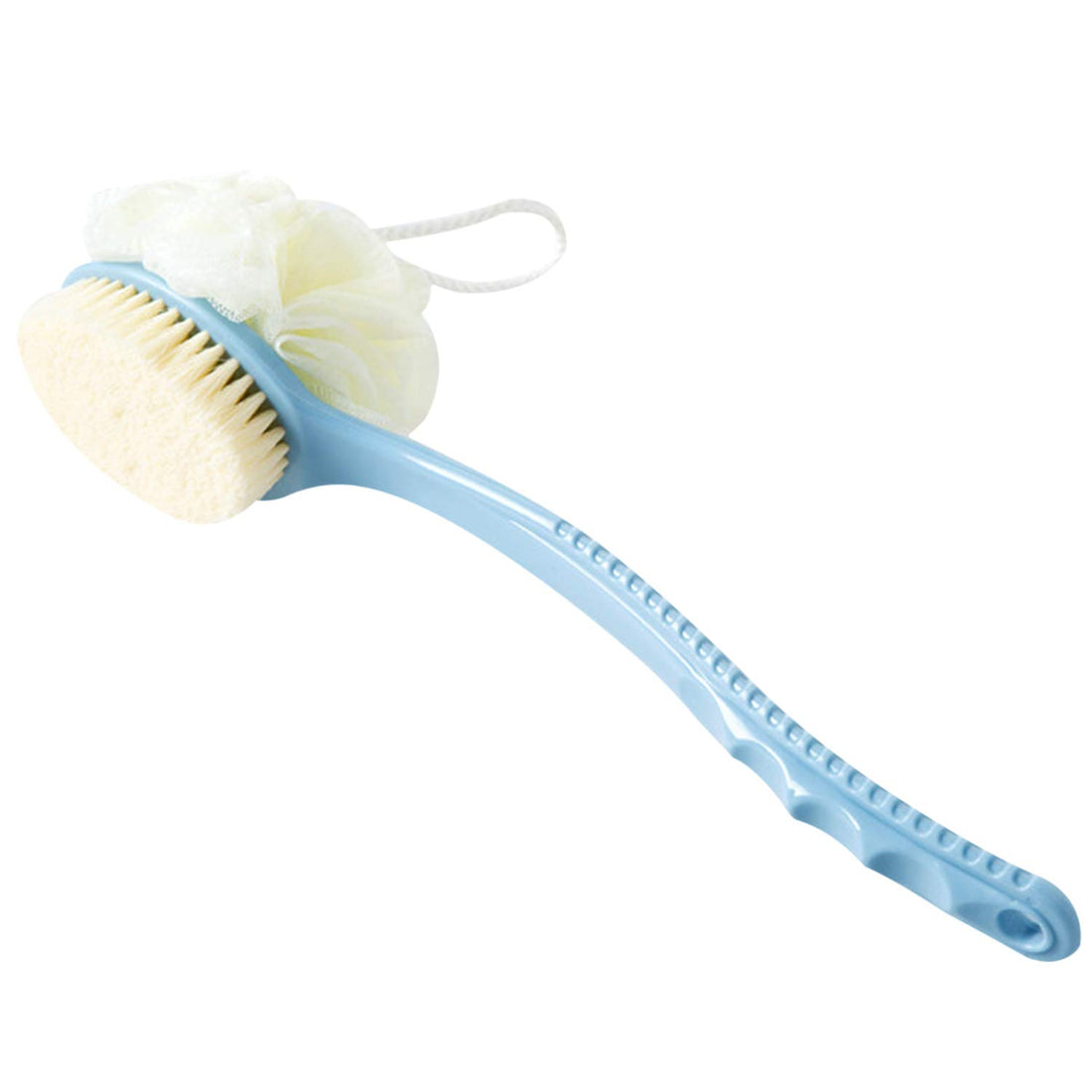 Vtrem 2 in 1 shower brush with soft loofah and bristles bath body brush with curved 36cm long handle back scrubber for wet or dry, men & women body, face and spa washing (blue)