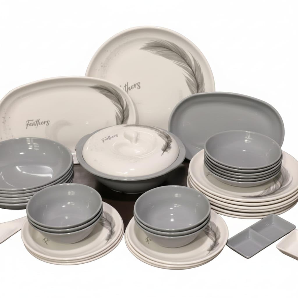 Melamine Plates & Bowls Set, Grey and White Patterns, 38 Pieces, Round, Glossy, Microwave and Dishwasher Safe Imported Materials