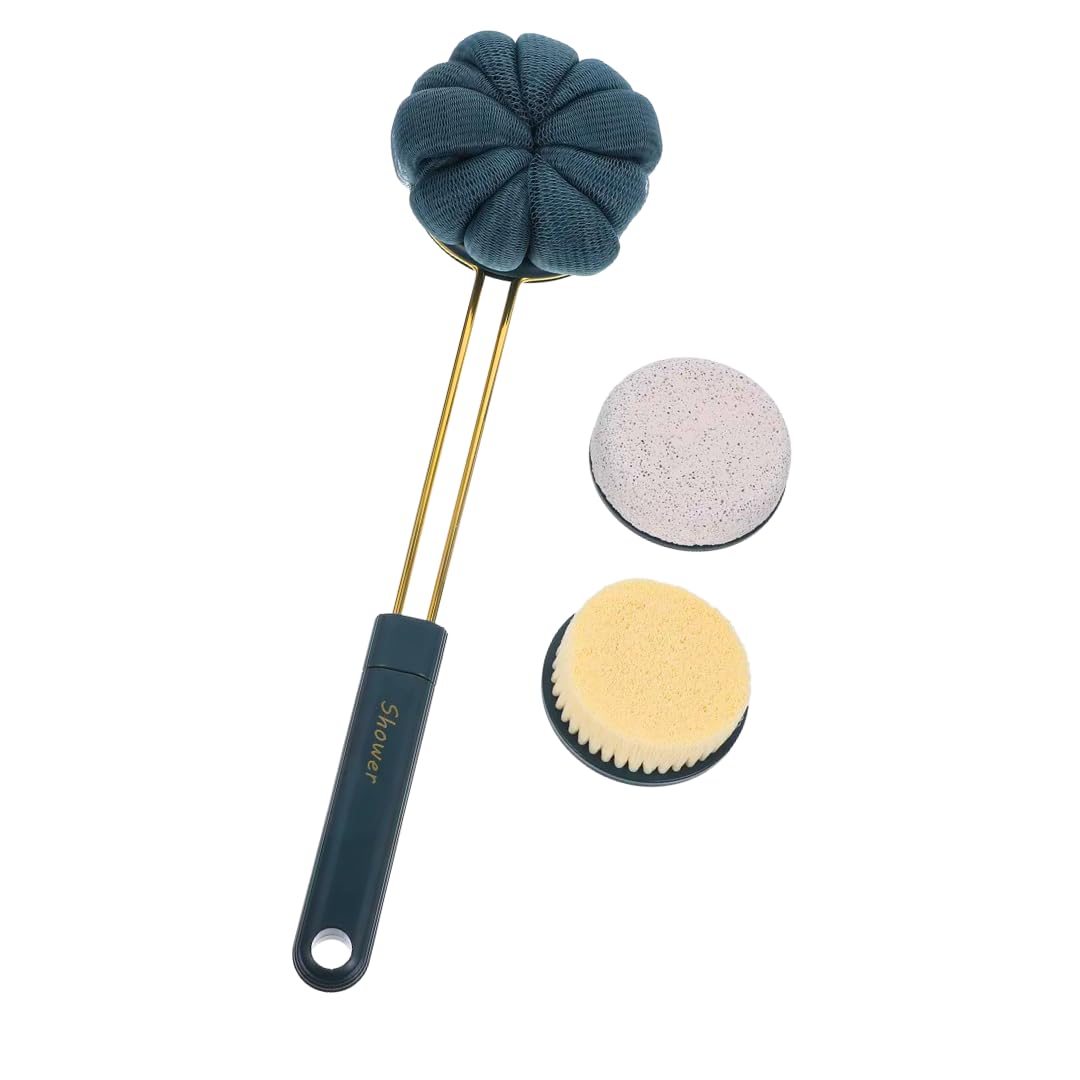 3‑in‑1 Long‑Handle Bath Body Brush With with Pumice Stone, Bristles & Loofah Exfoliating Back Scrubber Shower Brush For Full Body Massage And Skin Care Soft Grip Durable Handle (Dark Green)