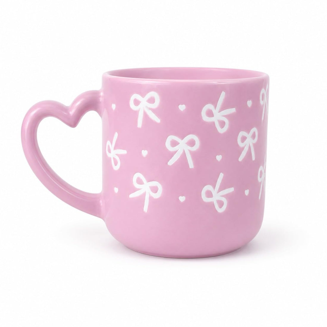 Pink Ceramic Mug with Heart Shaped Handle White Bow and Heart Pattern for Coffee, Tea, Hot Drinks Multicolor