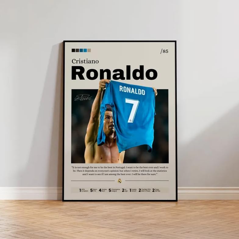 Ke4ao Store Cristiano Ronaldo Framed Poster Football Print CR7 Decor Football Legend Real Madrid Print Sports Wall Art Gift for Ronaldo Fans (Black, 20x30cm)