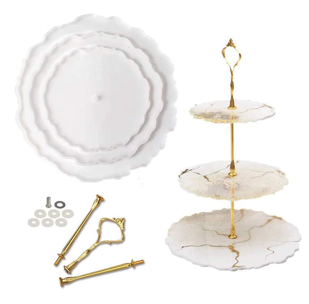 RESINWORLD Thick 3 Tier Resin Cake Stand Molds, Epoxy Resin Tiered Tray Mold, Geode Resin Silicone Casting Mold with Hardware Fittings for Making Cupcake Serving Stand