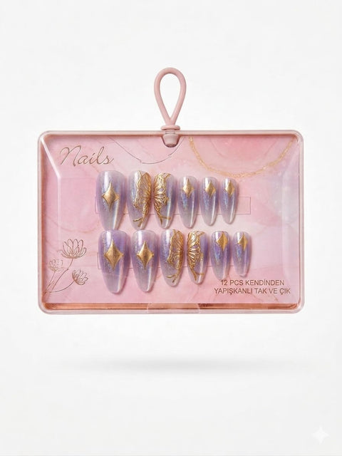 12 Pieces Exquisite Marble Handmade False Nails With Double Face Adhesive Manufacturer (Purple)