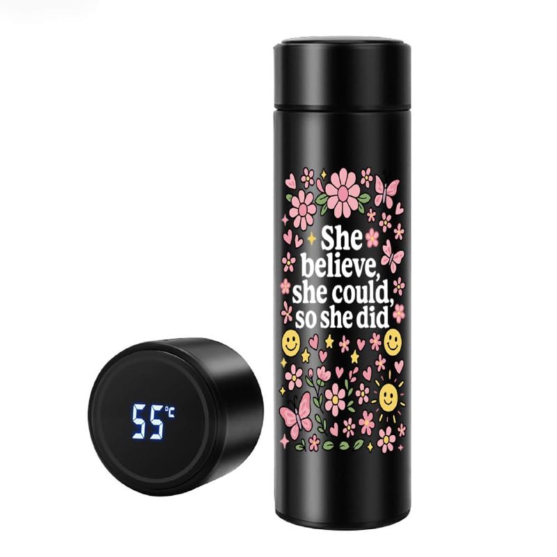 Thermal mug with LED touch screen- Black- gift for her- Waterproof sticker-one sided printing-motivation design - she believed she could - هدايا مميزة- We print your gift