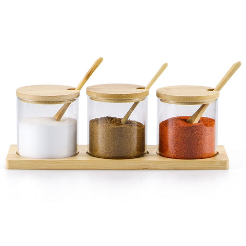 Skelang Glass Jars Spice Jar with Spoon and Lid, Salt Jar, for Preserving Food in the Kitchen, Tea, Coffee, Sugar, Salt, Set of 3