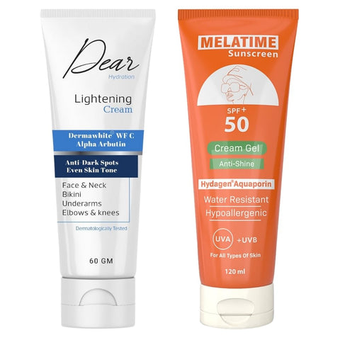 Melatime Sun Screen SPF(50+) Sun Cream GEL 120 ML + Dear Lightning Cream 60GM - Sun Protection & Deep Moisturizer - Lightening Pigmentation and Dark Spots - Suitable for Sensitive Area