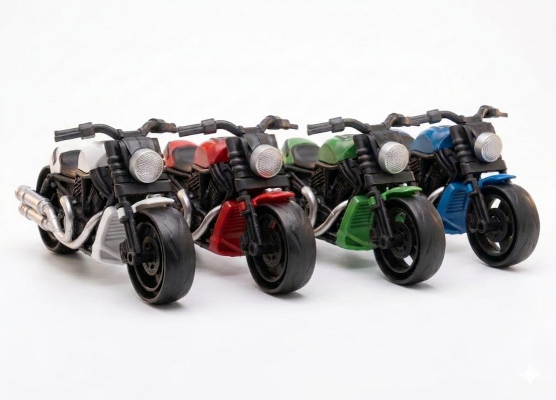 Toy Motorcycle Set, 4 Colours, White, Red, Green and Blue, Collectible Model Bikes