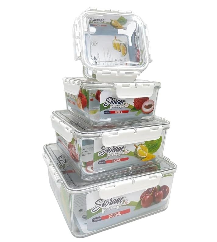 Storage Preservation Box Set of 4 with Lids - Acrylic Fridge Organizer Boxes For Vegetables & Fruits, Kitchen Refrigerator Cabinet,Bins Stackable, BPA-Free, 700/1700/3300/5700ml