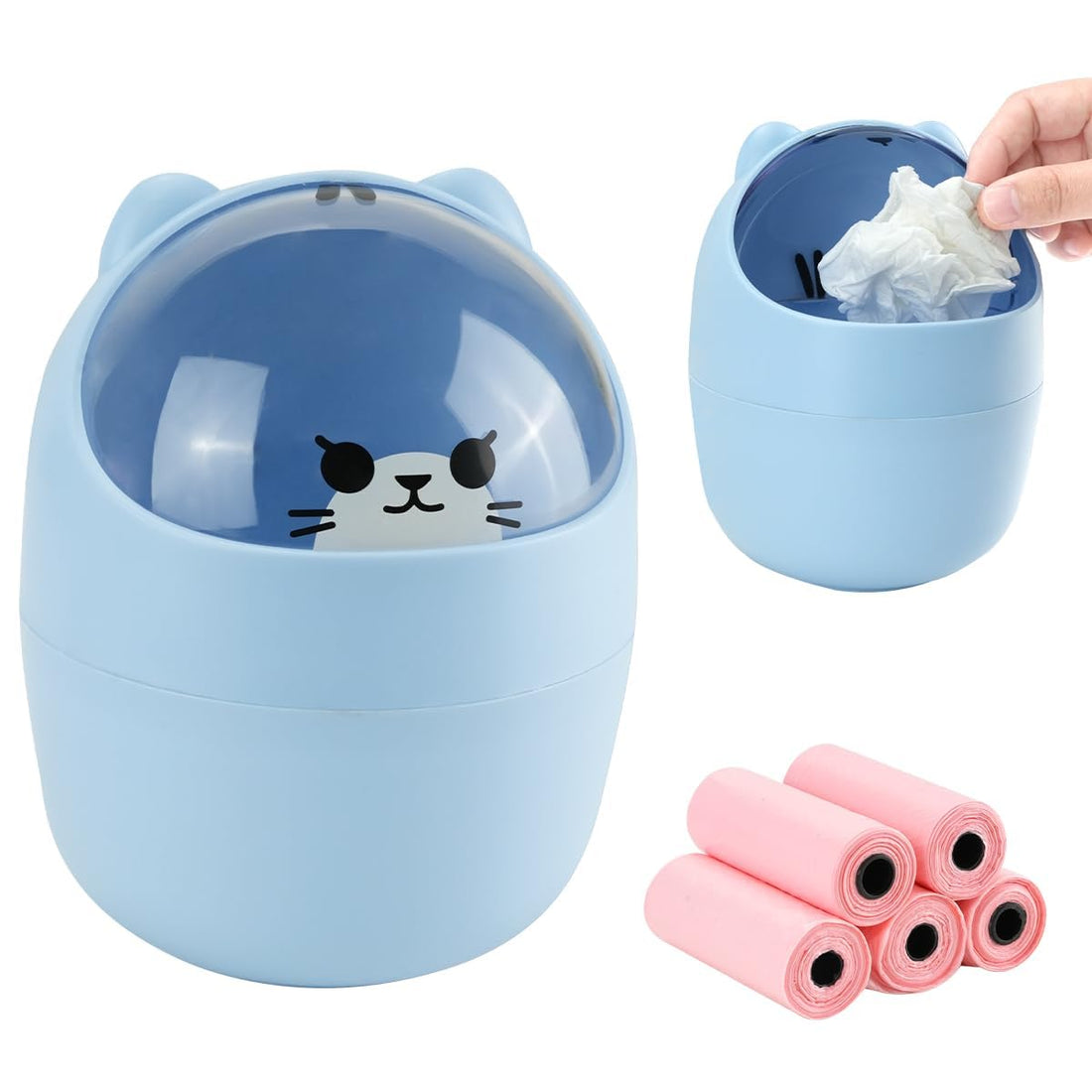 Mini Trash Can, Cute Small Trash Can with Lid, Desktop Paper Bin, Portable Tabletop Dustbin, Cartoon Animal Rubbish Storage for Kitchen(Blue)