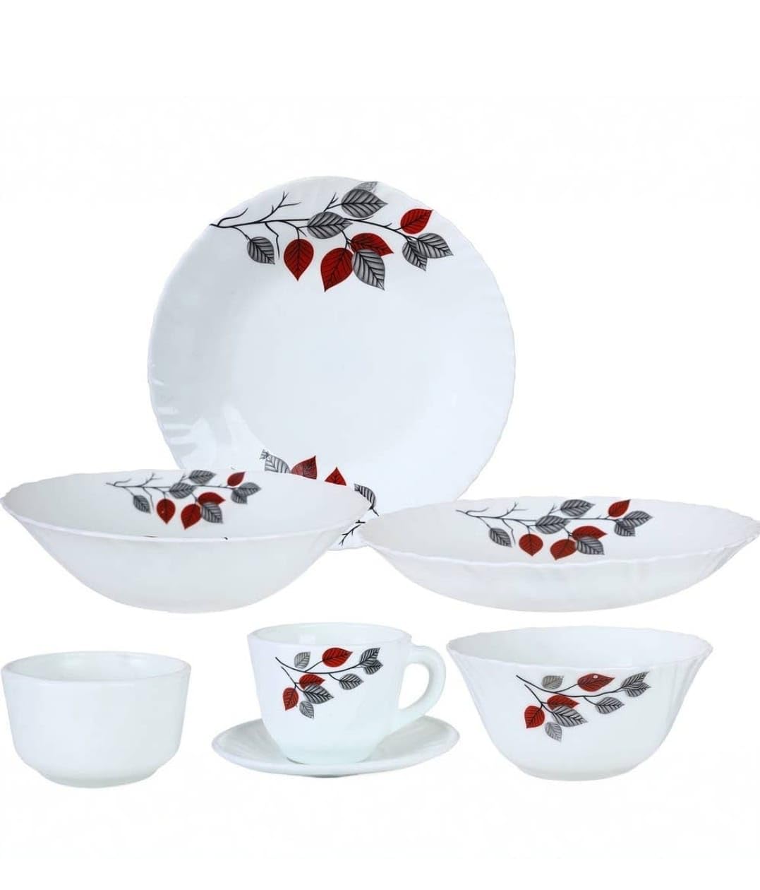 Arcopal Prada Dinner Set, 42 Pieces, Glass, Red and Grey Leaves Design, Includes Plates, Cups, Bowls, Bowls