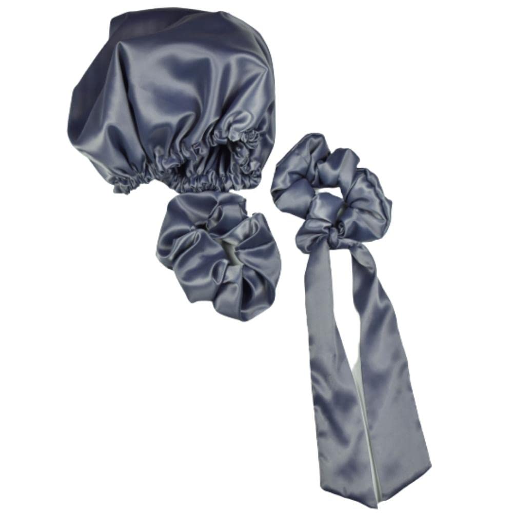 Satin Bonnet with Two Scrunchies- with suitable size and amazing color Grey
