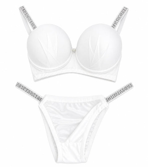 Lady Stars Embroidered Bra and Panty Set, White, Lace Detail with Pearl Accent, Luxury Women's Underwear