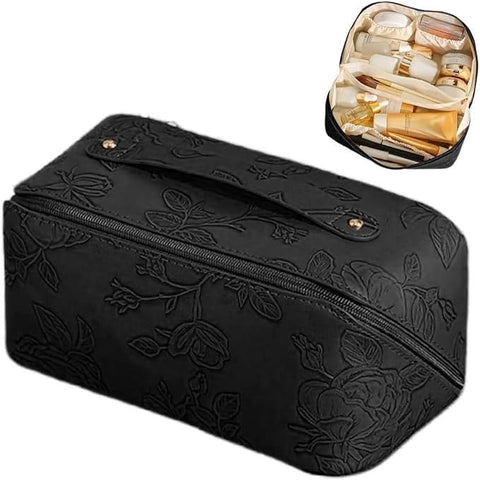 Black Embossed Leather Makeup Organizer Bag, Large CapacityTravel Portable Cosmetic Bag, Waterproof Skin Care Toiletry Organizer with Internal Dividers and Brush Pocket, Perfect Gifts for Women and Gi