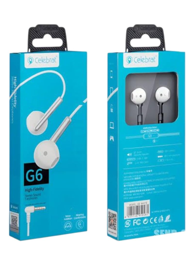CELEBRT- G6 Stereo Wired Earbuds, In-Ear Wired Earphones with Mic (Microphone) Pure Sound with Mic Ergonomic Design Practical for Wearing on Mobile Phones White