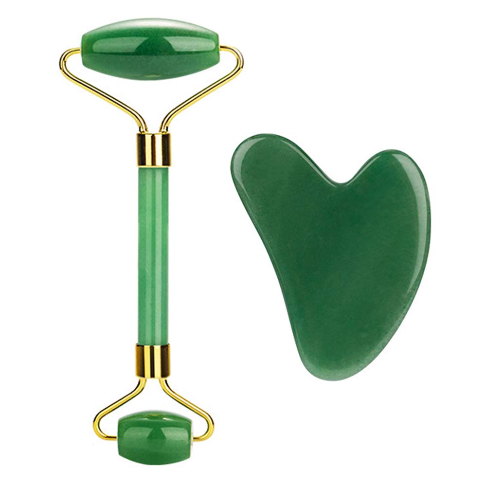 Jade Roller and Guasha Set Natural Jade Skin Roller Guasha Board Anti-aging Massager Tool for Face, Eye, Neck, Forehead and Body, Authentic Jade Skin Care Tools (Dark Green)