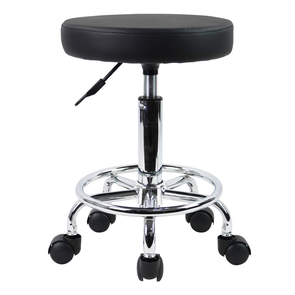 KKTONER PU Leather Round Rolling Stool with Foot Rest Swivel Height Adjustment Spa Drafting Salon Tattoo Work Office Massage Stools Task Chair Black Small One Size BBS0432