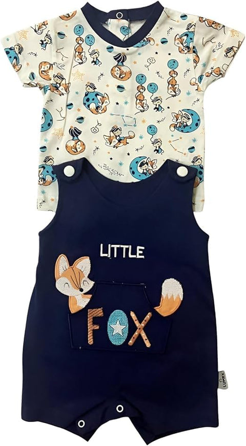 Baby Boy 2-Piece Fox Print Outfit Set, Navy Blue Romper with T-Shirt, Casual Wear