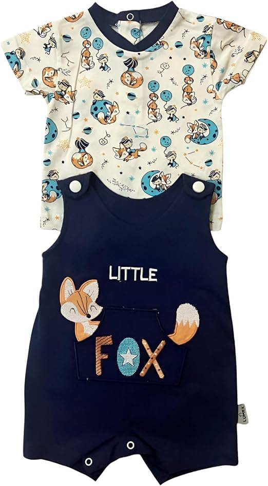 Baby Boy 2-Piece Fox Print Outfit Set, Navy Blue Romper with T-Shirt, Casual Wear
