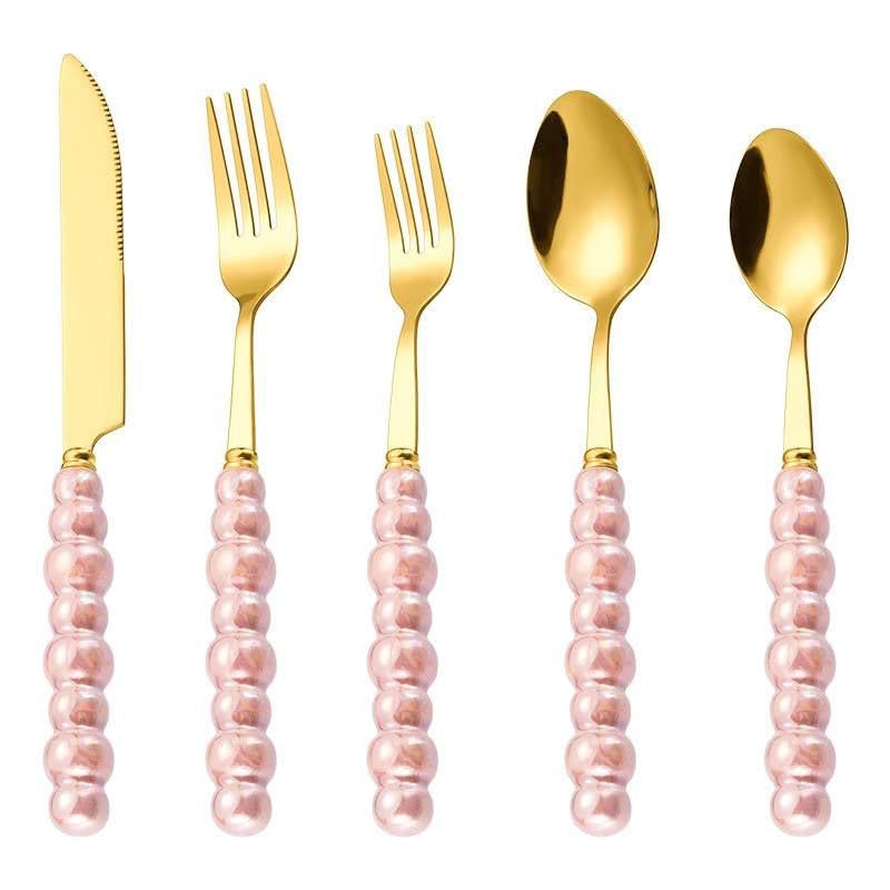 Generic Gold Flatware Set with Pink Pearl Handles, 6-Piece Cutlery Set, Dinner Fork, .hg