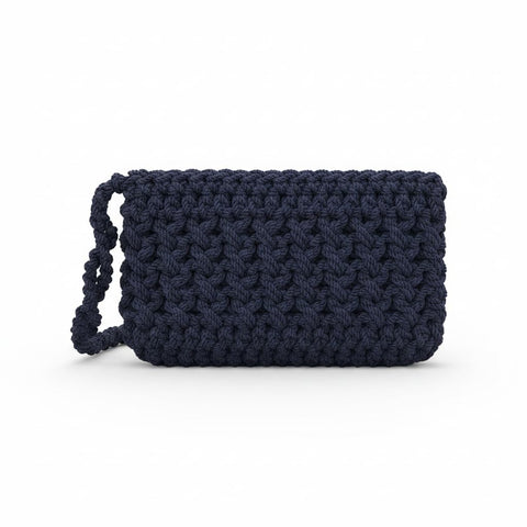 Elegant navy blue handmade crochet handbag for women, a small purse woven with high-quality thick cotton yarn.