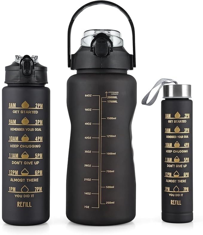 3 in 1 Sports Water Bottle Set (2L + 900ml + 300ml) | Motivational Time Marker Design | BPA Free & Leakproof | Ideal for Gym, School, Camping - Complete Gift Set (Black)