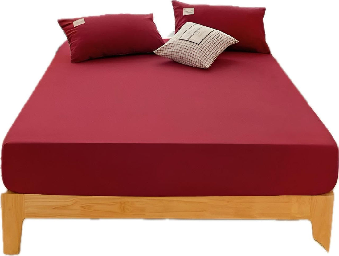 Khoyot Fitted sheet set plain cotton - 3 pieces (1 sheet - 1 pillow - 1 cushion) - Size (100cmx200cmx30cm) - Burgundy