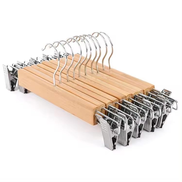 Bamboo Wood Clothes Hanger with Adjustable Metal Clips, Professional Garment Organizer for Skirts Pants Accessories, Eco-Friendly High Quality Design