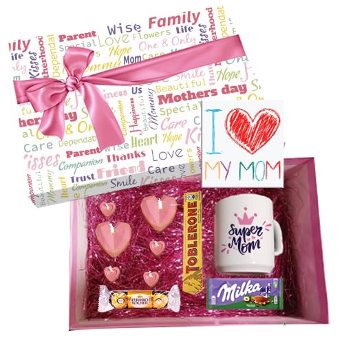 Mother's Day Gift Box with Super Mom Mug, Chocolates, Heart Candles, and Greeting Card lc