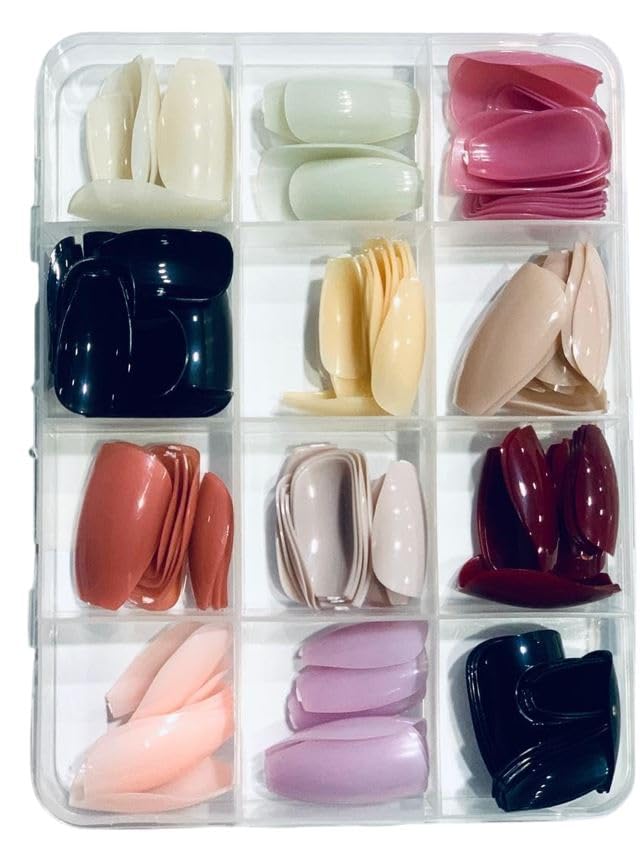 216Pcs Glossy Press On Nails, 12 Colors Coffin Fake Nails Full Cover Short Nail Oval Shape False Nails Artificial Fingernails for Women Girls(Glossy)-A