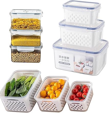 Food Storage Containers with Airtight Lids Set of 4, White and Grey, Ventilation and Drainage Perforated Design for Fridge Vegetable Fruit