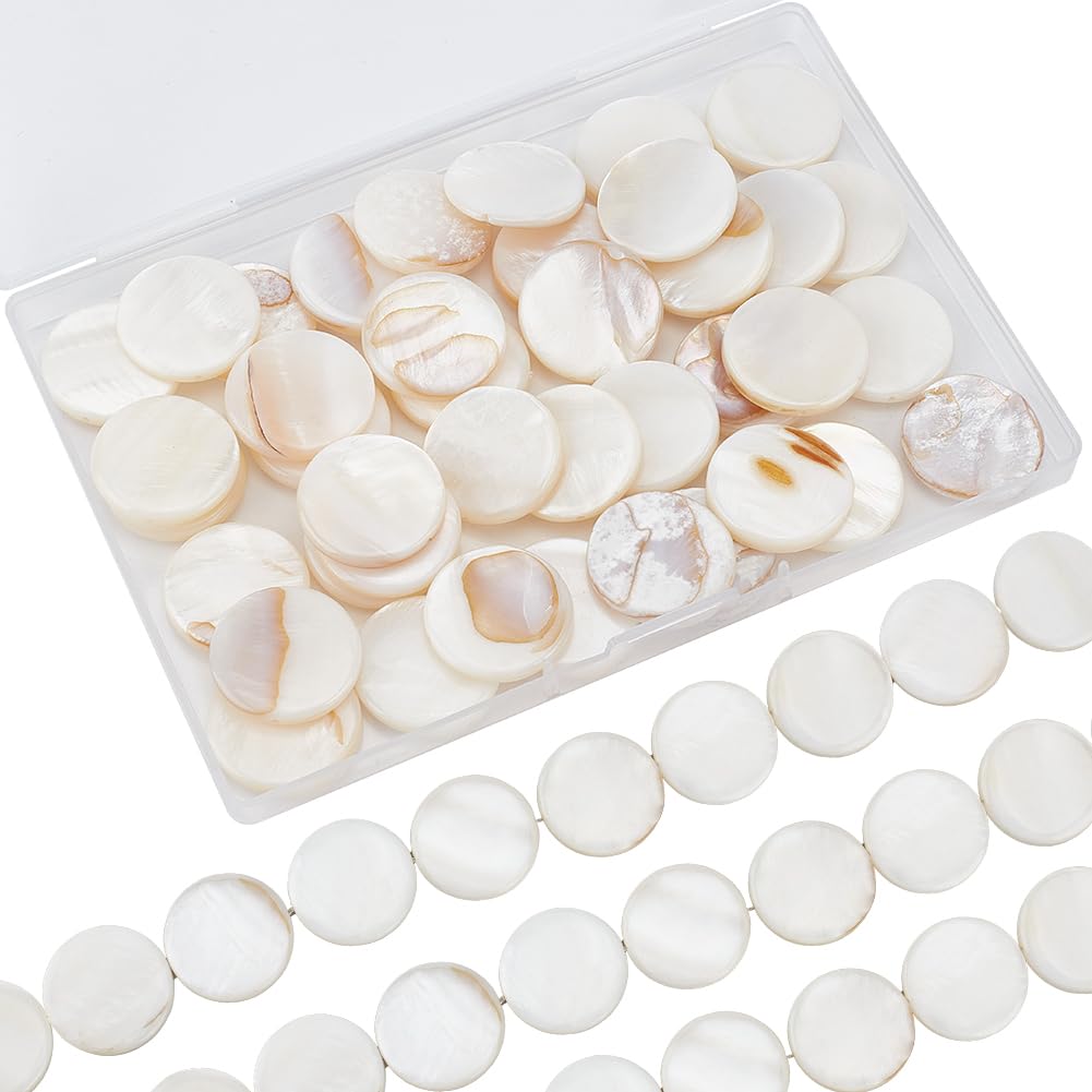 SUNNYCLUE 1 Box 40Pcs 20mm Flat Shell Beads Mother of Pearl Bead Natural Hawaii Style Round Freshwater Shells Coin Beads for Jewellery Making Necklace Bracelet Crafts Christmas Wedding Women Beginners