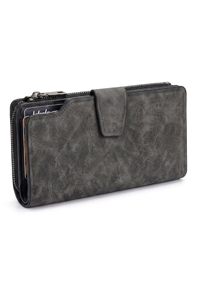 Long Wallet Leather Wallet for Men and Women Bifold Zipper Wallet with Multiple Card and Card Slots Long Wallet Classic Cool Design (dark gray)