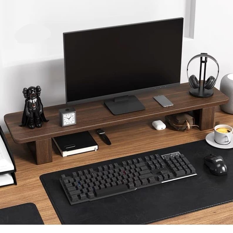 Wooden 80CM Computer Monitor Stand, Monitor Riser Desk Shelf Desktop Stand TV Laptop Riser with Keyboard Storage Desk (Walnut Finish)