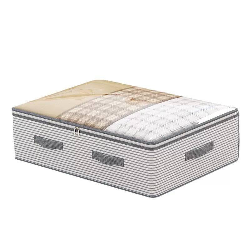Foldable Underbed Storage Box, Double Zipper Clothes Organizer, Grey and White Striped Pattern Storage Bag with Reinforced Handles, Space Saving for Blankets and Clothes
