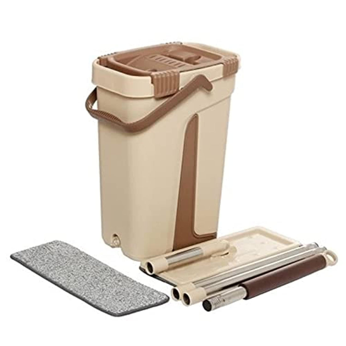 Spaceshoop flat mop bucket set includes a durable mop and microfiber cloth for efficient water wringing and thorough floor cleaning on all hard surfaces Beige