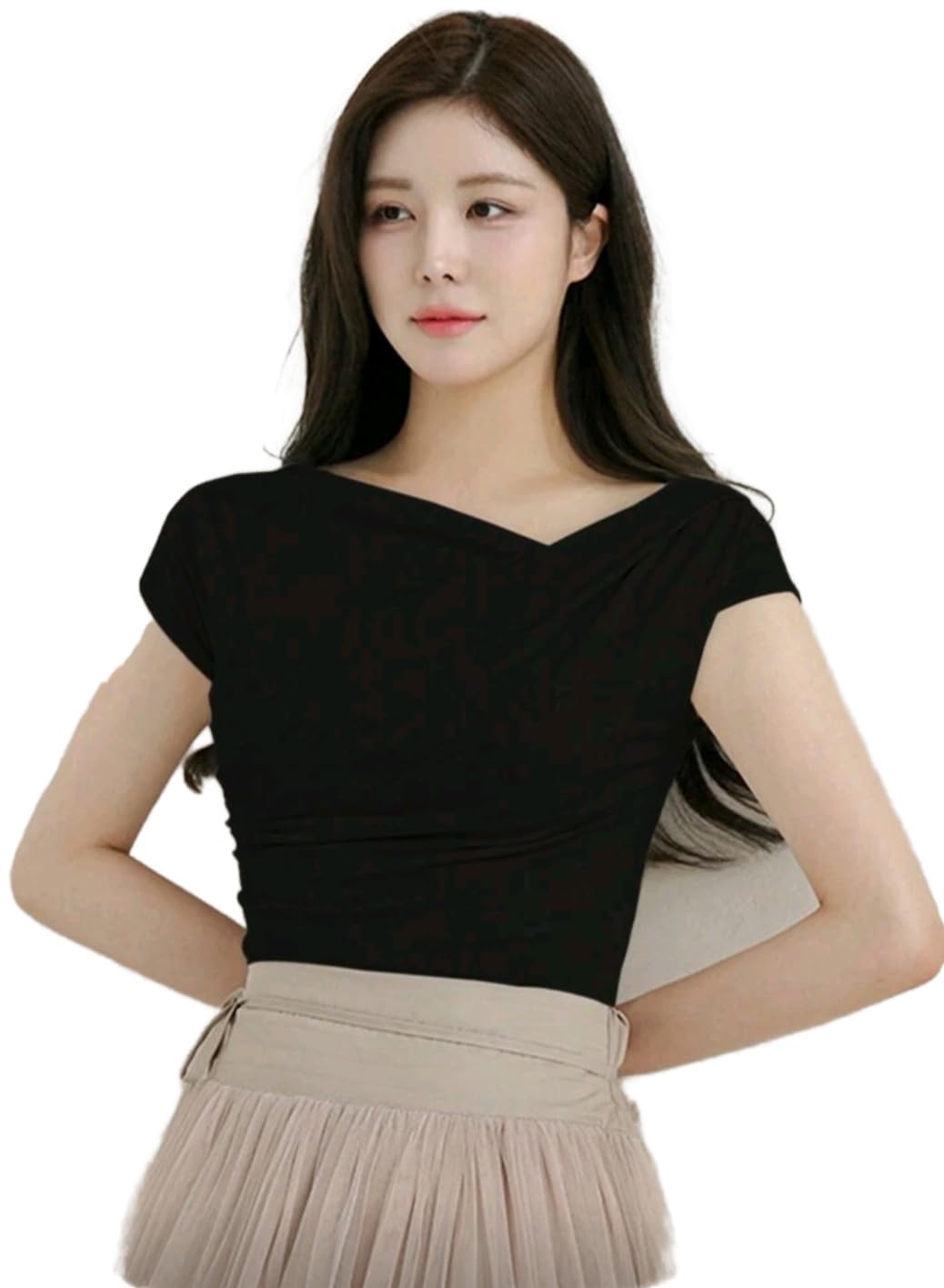 SHEIN Top For Women's Elegant Black Asymmetrical Neckline Top – Short Sleeve Slim Fit Blouse, Soft Stretch Casual & Evening Wear