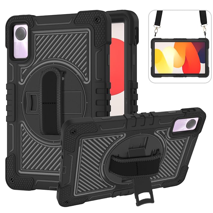 Tablet Case for Xiaomi Redmi Pad SE 11.0 inches, Tablet Shockproof Cover with 360° Rotating Stand and Wrist Strap, Shoulder Strap Completely Black