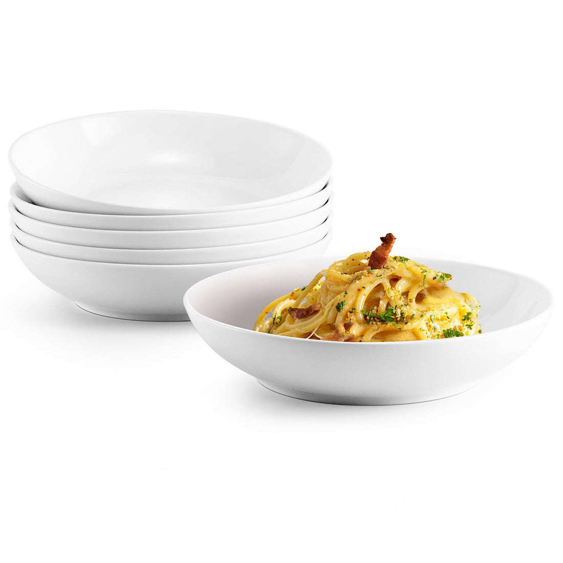 Jassceram 8.5inch Pasta Bowls Set of 6, 36 OZ Salad Plates,Ceramic Serving Bowls for Soup,Noodle,Deep Enough for Kitchen and Dining, Microwave,Oven and Dishwasher Safe,Off White