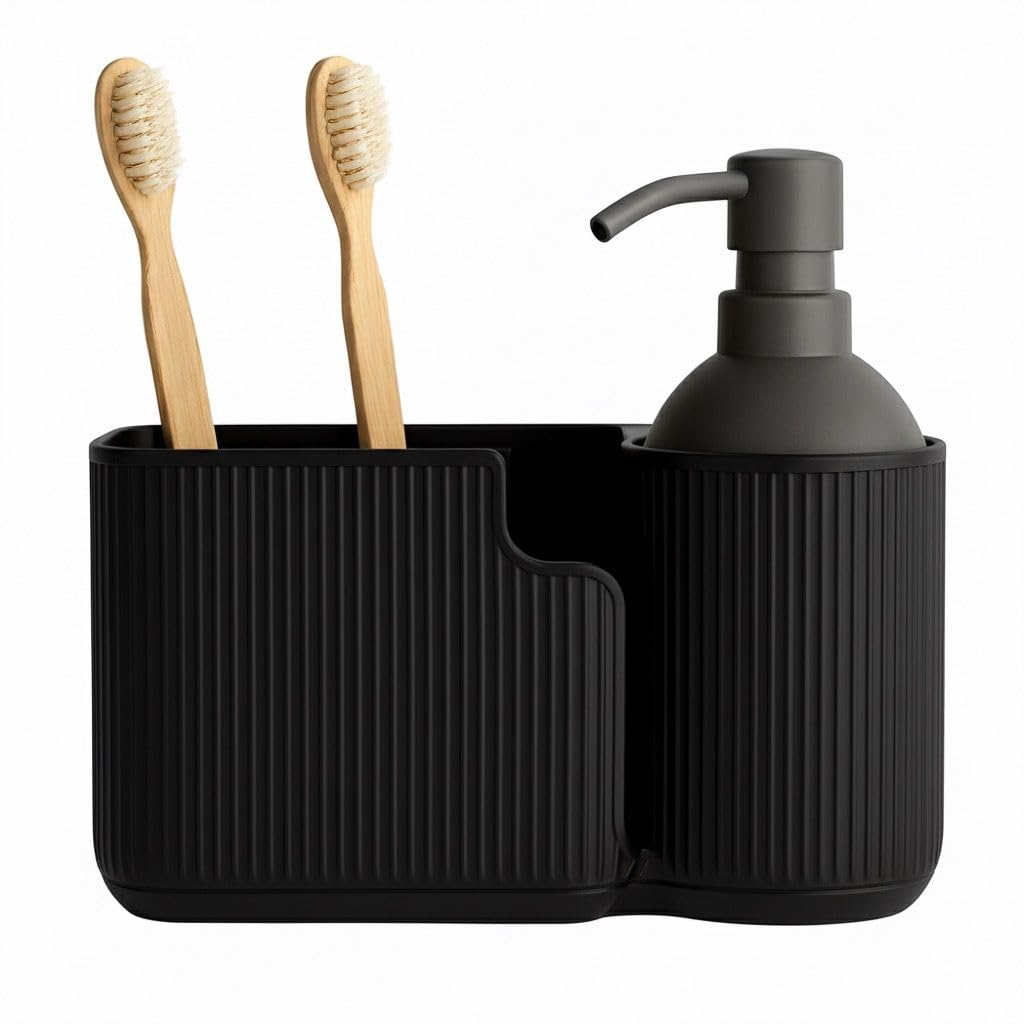 Bathroom & Desk Organizer - Modern Oval Organizer with Ribbed Design for Toothbrushes, Soap Dispenser, Pens, and Office Supplies (black)