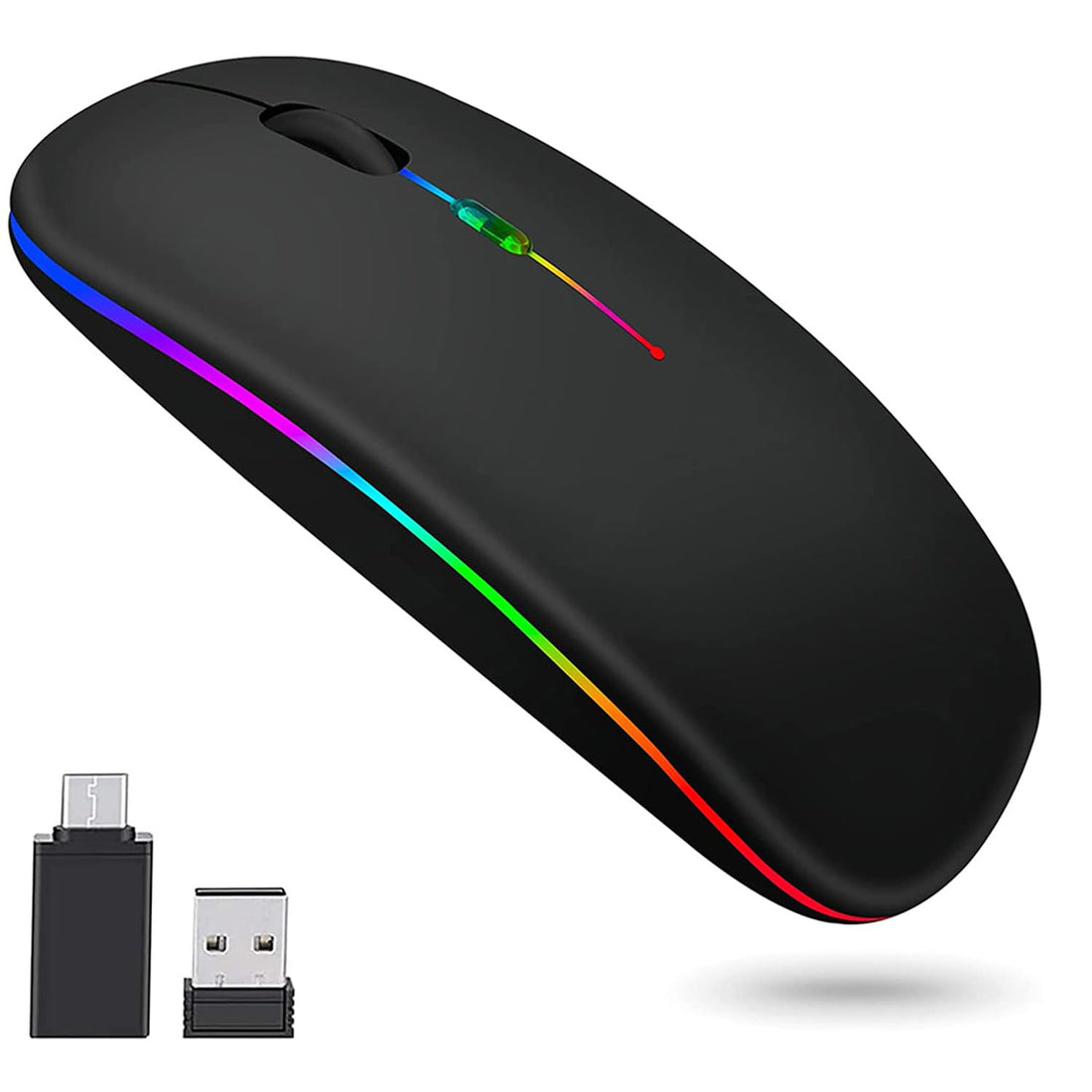 Wireless Bluetooth Mouse, LED Slim Dual Mode (Bluetooth 5.1 + USB) 2.4GHz Rechargeable Portable Silent Mouse with Type C Adapter for Laptop/MacBook/iPad OS 13 and Above (Matte Black)